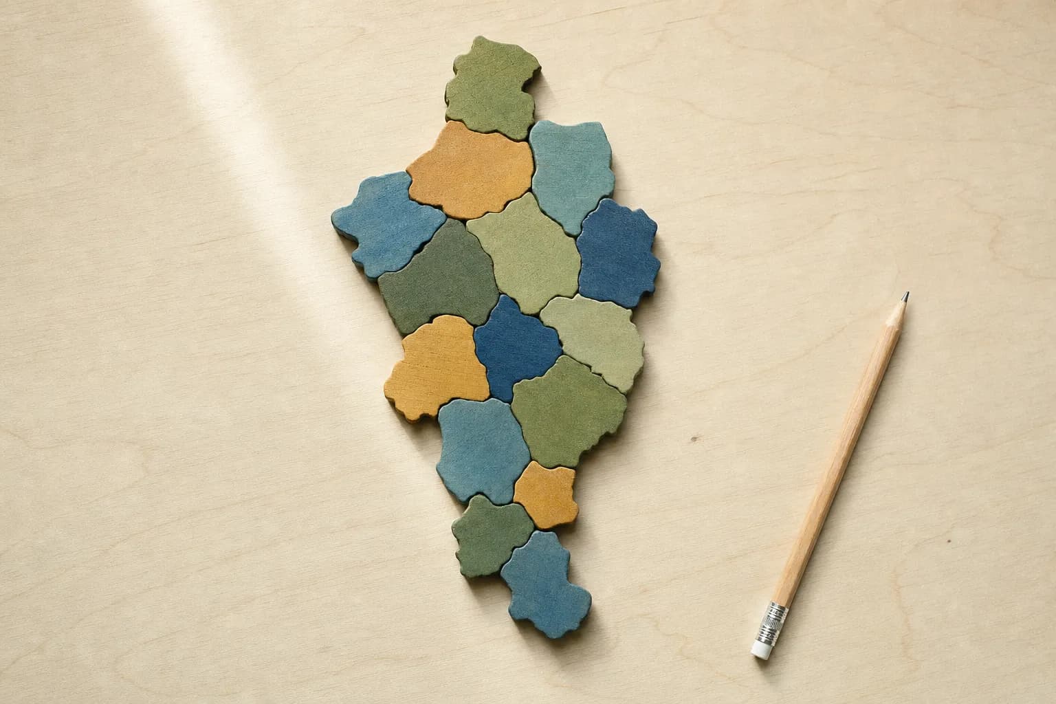 Small wooden tiles in greens, blues and ochres arranged into the rough outline of a country on a pale birch table, seen from above, with a pencil beside them