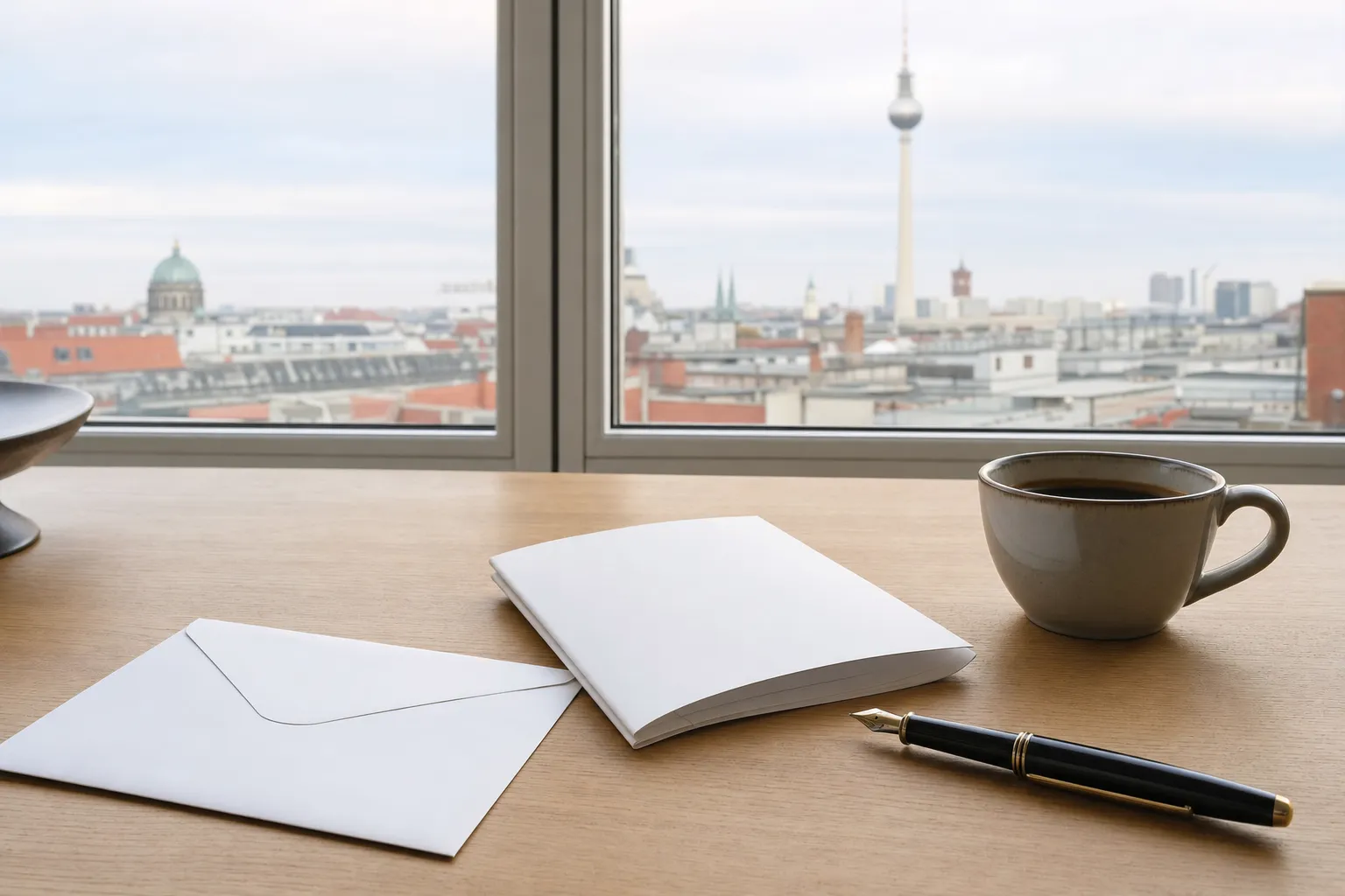 A white envelope, a folded document and a fountain pen on an oak desk beside a cup of coffee, with Berlin rooftops and the television tower through the window