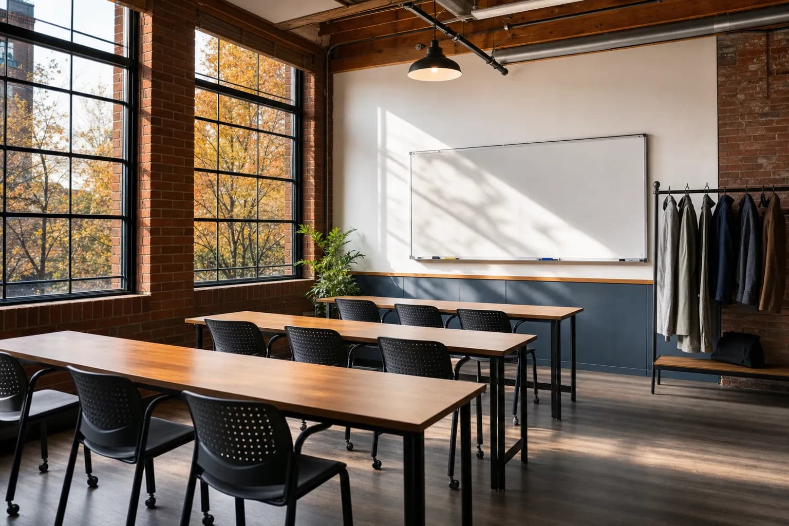 A bright adult-education classroom in a converted brick factory with big industrial windows, long tables, black chairs, a whiteboard and a coat rack