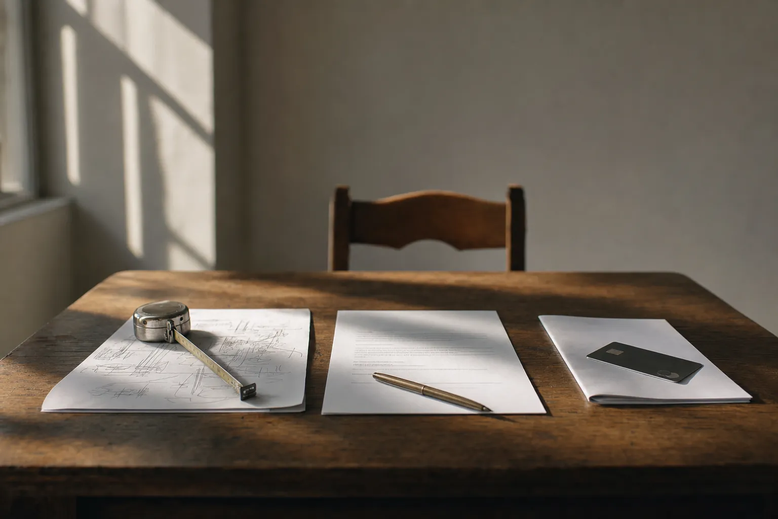 A workbench with paperwork laid out in three stages, from pencilled rough figures under a tape measure, to a printed page with a pen across it, to a folded page under a bank card.