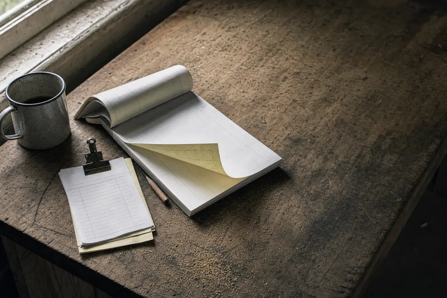 An open carbon-copy receipt book on a wooden workbench, its yellow duplicate sheet lifted, beside a bulldog clip holding a stack of earlier receipt copies.