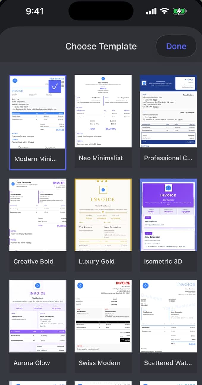 Invoice Pro template gallery on iPhone showing invoice templates including Modern Minimal, Professional Classic and Luxury Gold