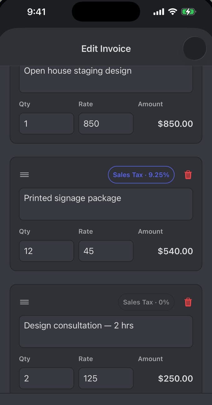 Invoice editor on iPhone with line items showing quantity, rate and a Sales Tax 9.25% badge on each row