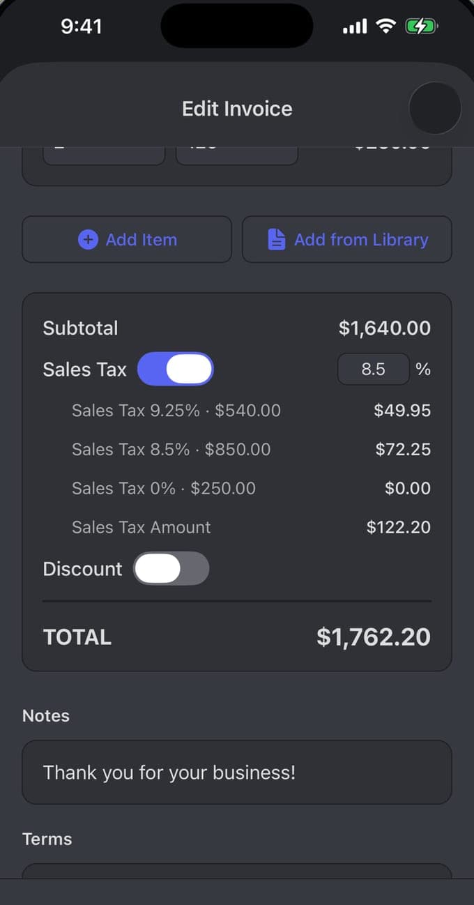 Invoice totals screen showing subtotal, a per-rate sales tax breakdown and the invoice total
