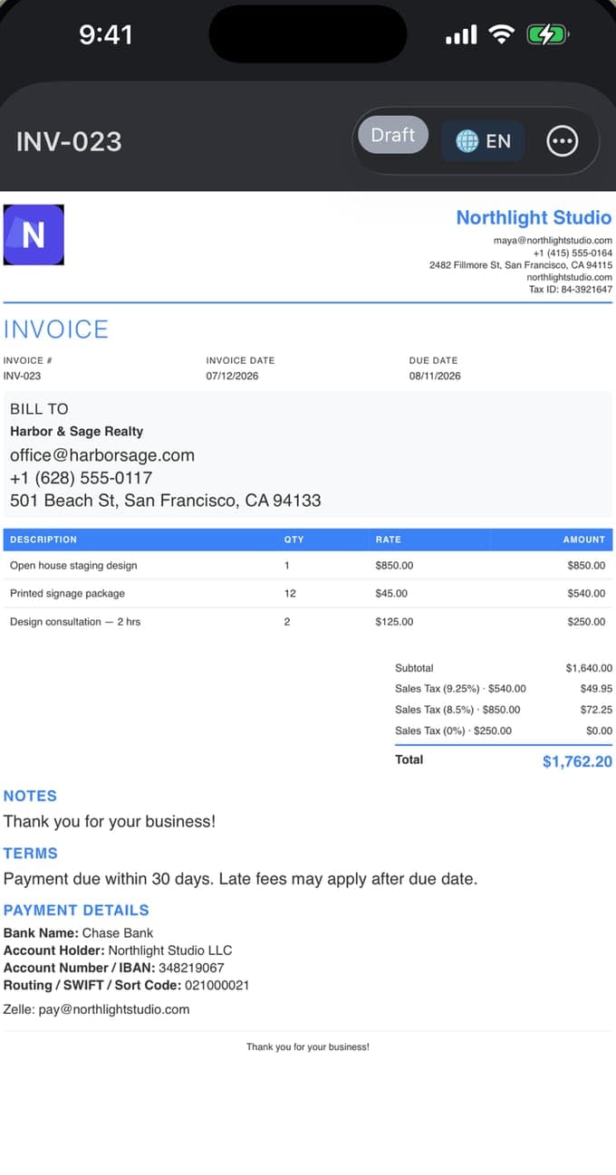 Rendered PDF invoice with business header, Tax ID, line table, tax rows, terms and bank payment details