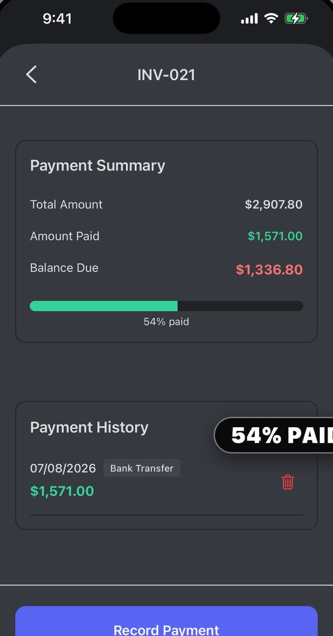 Payment tracking screen showing amount paid, balance due and a partial payment recorded by bank transfer