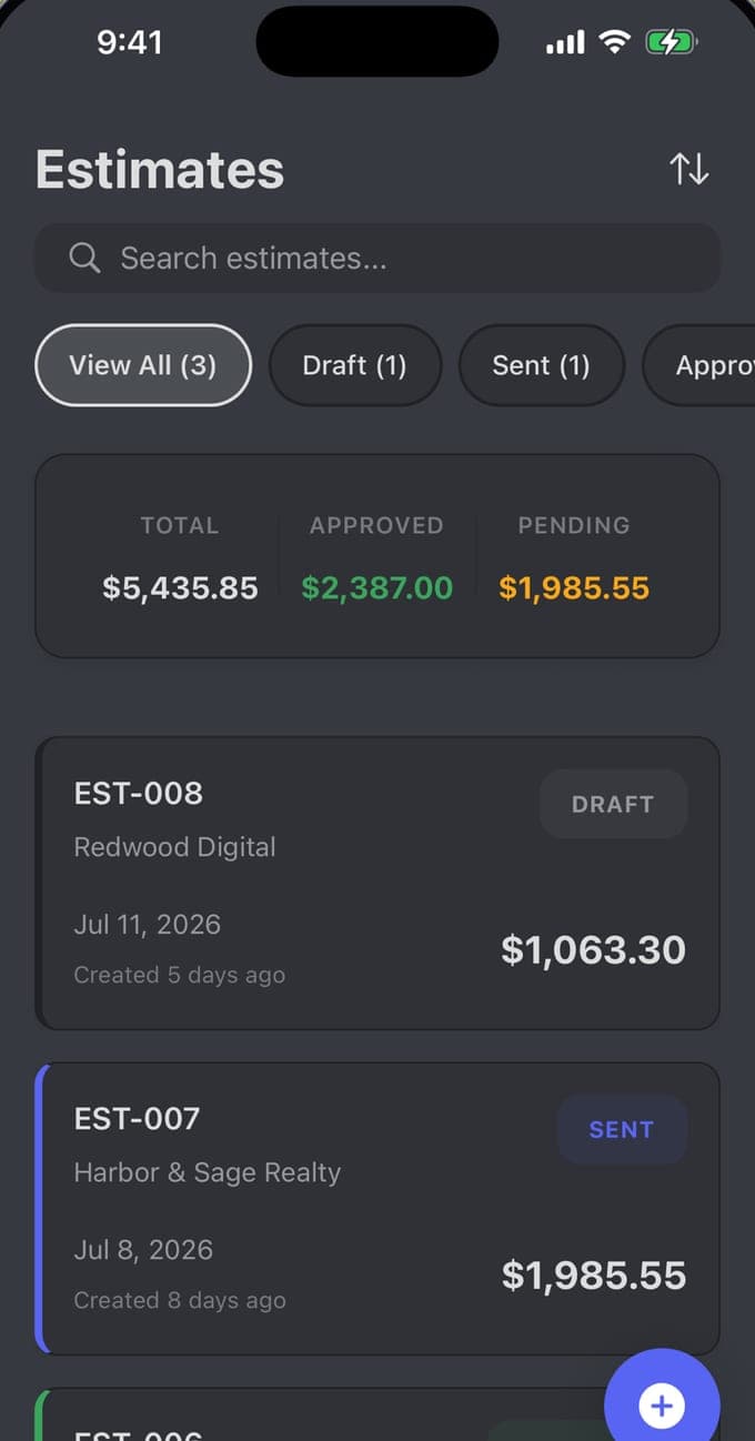 Estimates list on iPhone with draft, sent and approved filters and estimate totals