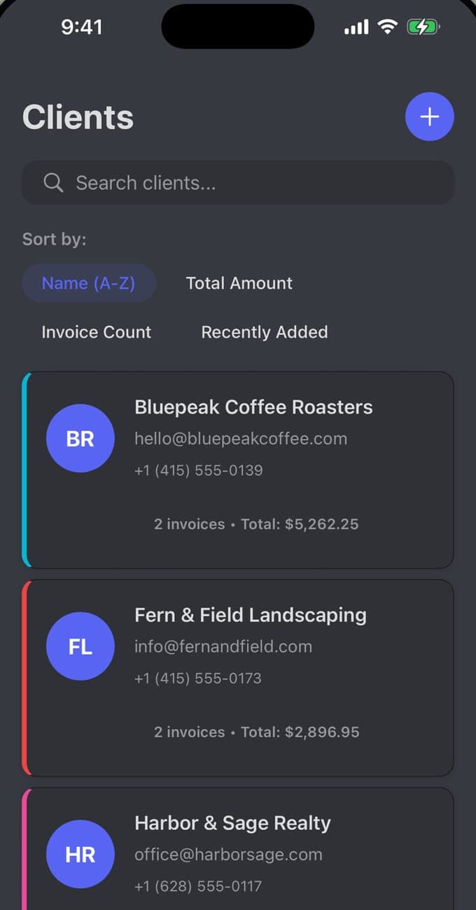 Client management screen listing clients with email, phone, invoice count and lifetime total