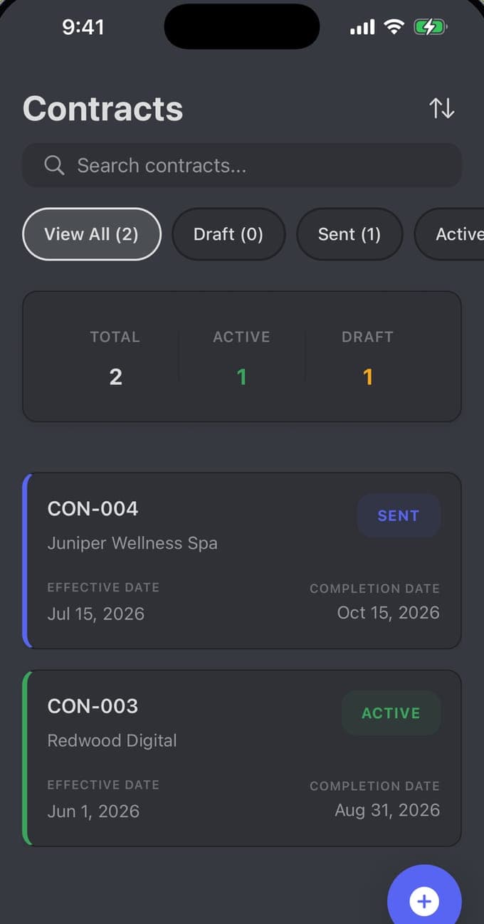Contracts list with effective and completion dates and draft, sent and active states