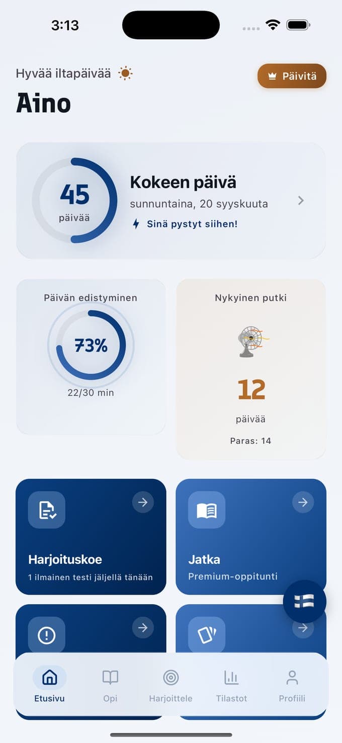 Kansalaisuuskoe-sovelluksen etusivu: 45 päivää kokeen päivään, päivän edistyminen 73 %, 12 päivän putki sekä painikkeet harjoituskokeeseen, jossa on yksi ilmainen testi jäljellä tänään, ja oppitunnin jatkamiseen