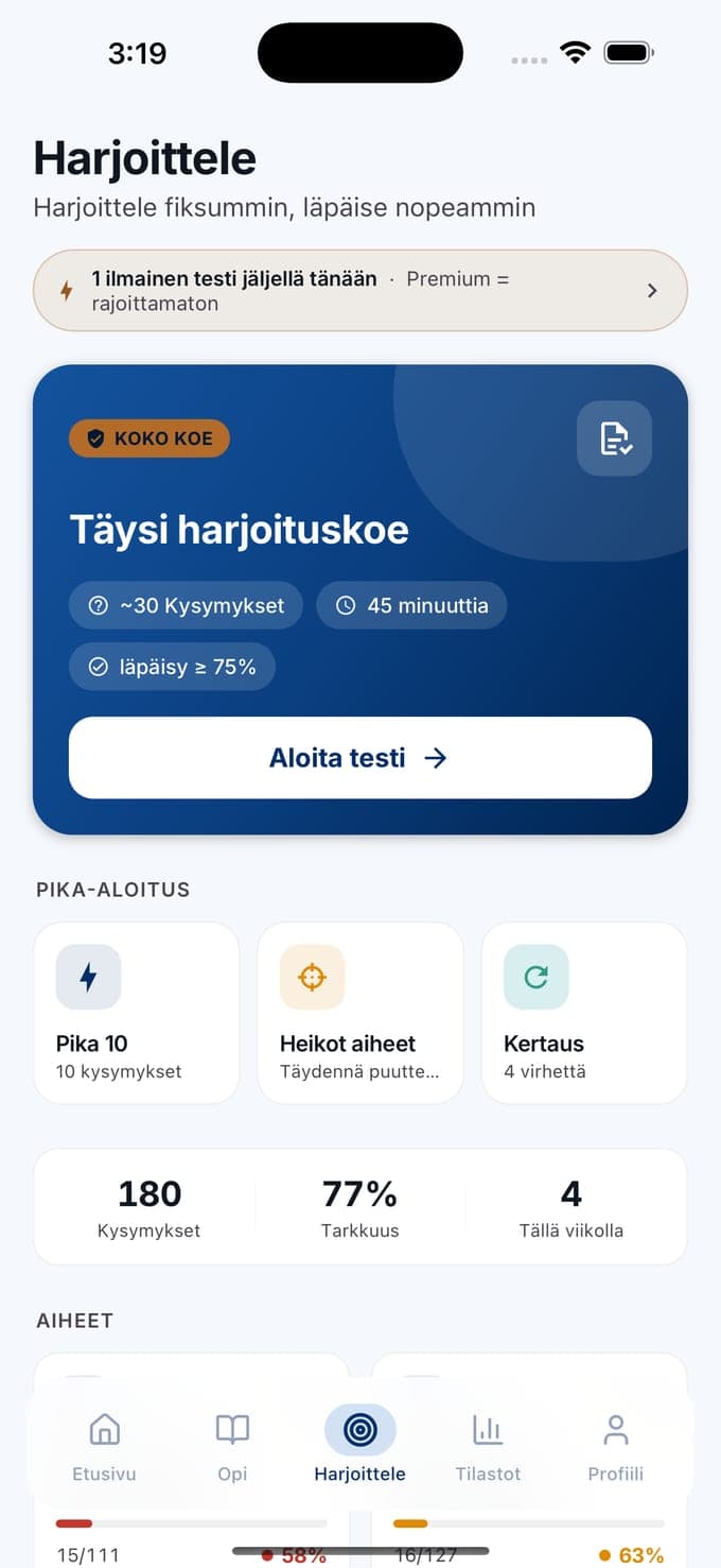 Harjoittele-näkymä Kansalaisuuskoe-sovelluksessa: Täysi harjoituskoe -kortti, Pika 10, Heikot aiheet ja Kertaus