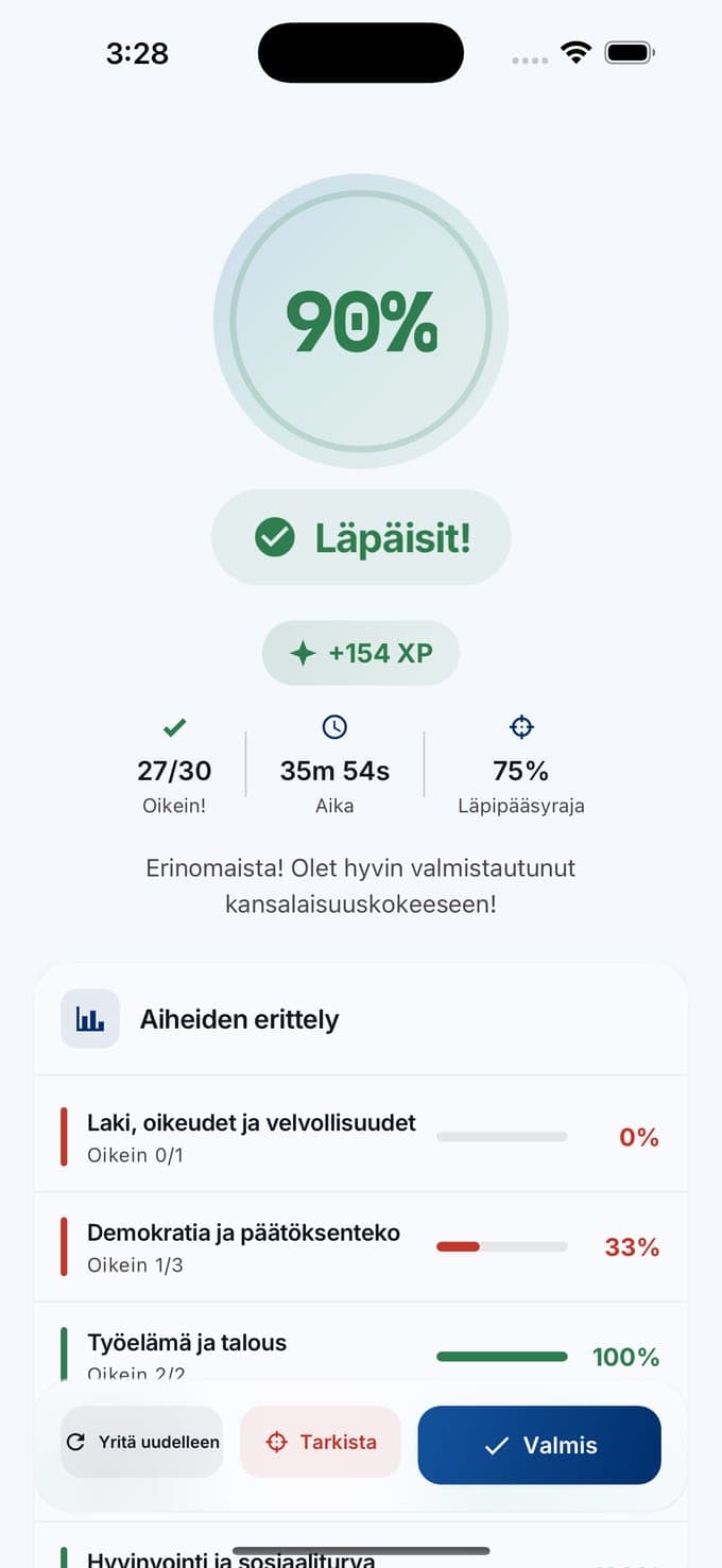 Harjoituskokeen tulos Kansalaisuuskoe-sovelluksessa: 90 %, läpäisit, 27 oikein 30:stä, aiheiden erittely luvuittain