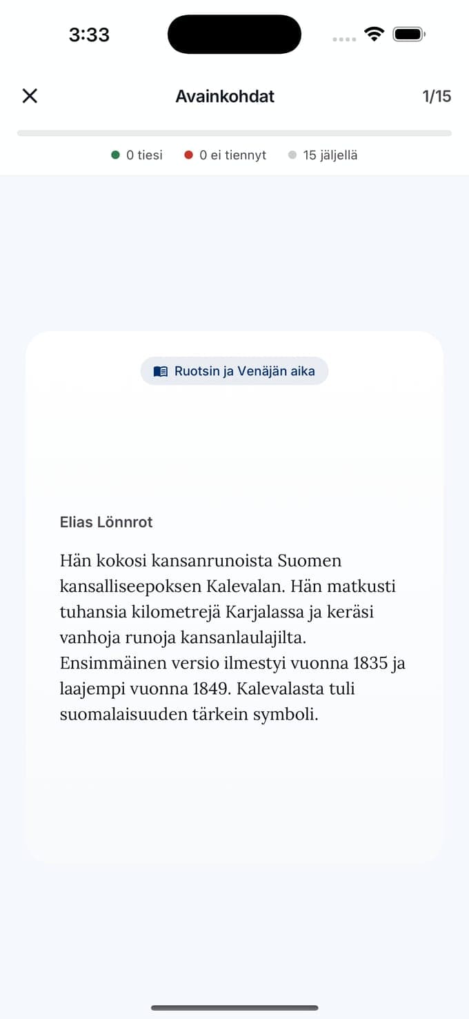 Muistikortti Kansalaisuuskoe-sovelluksen historialuvusta: Elias Lönnrot kokosi kansanrunoista Kalevalan, jonka ensimmäinen versio ilmestyi 1835 ja laajempi 1849