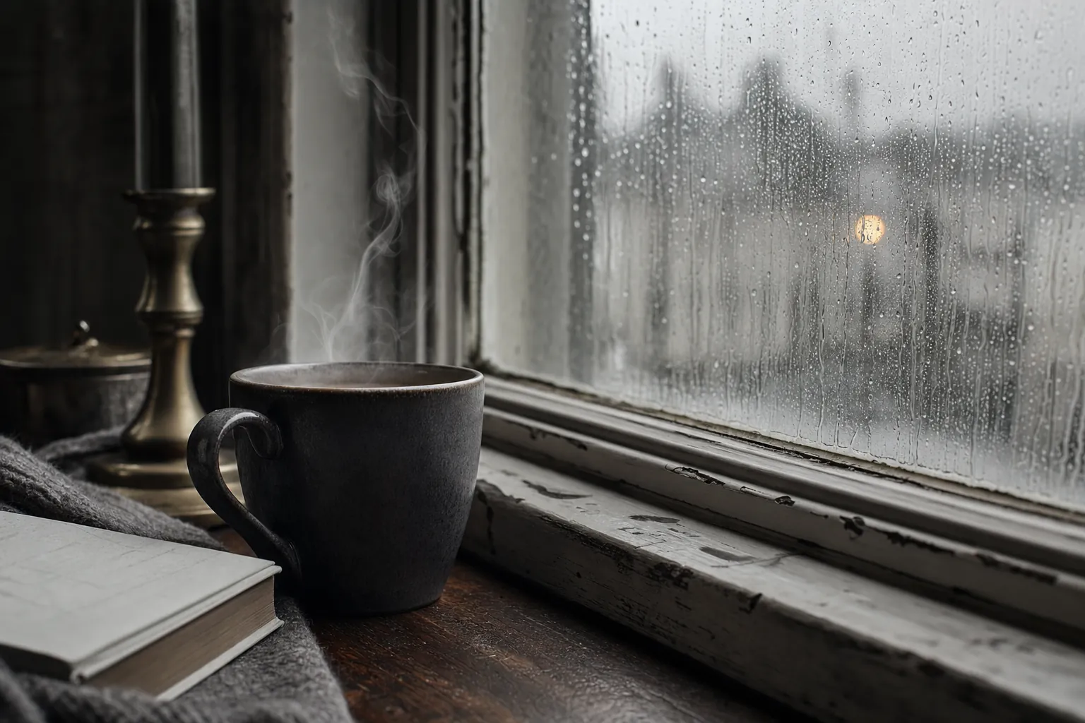 A steaming cup of tea on a painted windowsill, rain streaking the glass and the street beyond blurred to grey