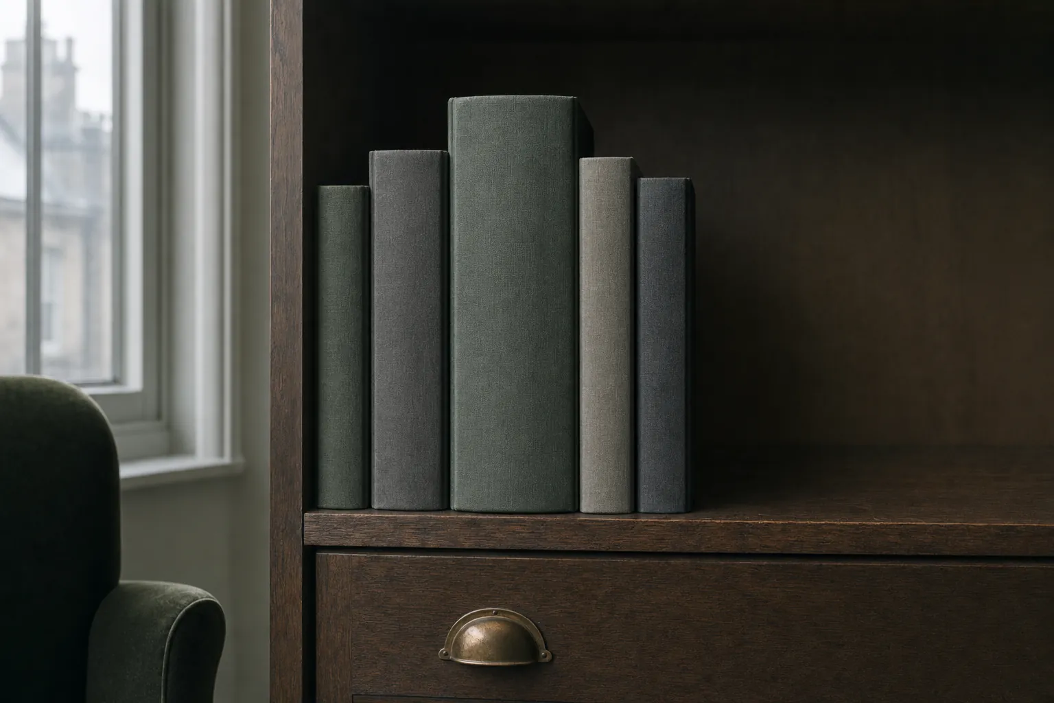 Five unlettered hardback books of different thicknesses standing in a row on an oak shelf, the middle one far thicker than the rest