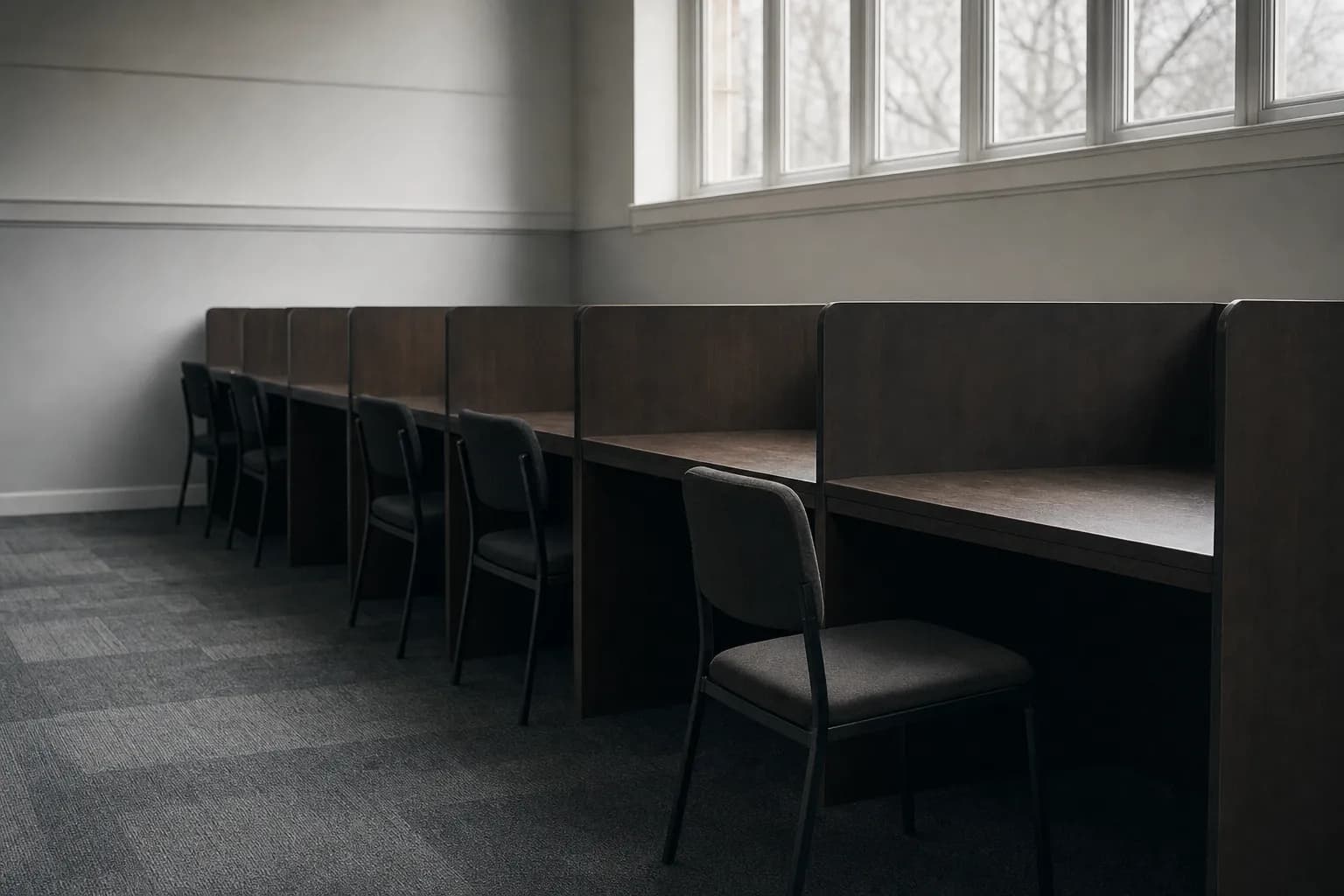 A quiet test room with a row of partitioned desks, all empty except one chair pulled out, under pale overhead light