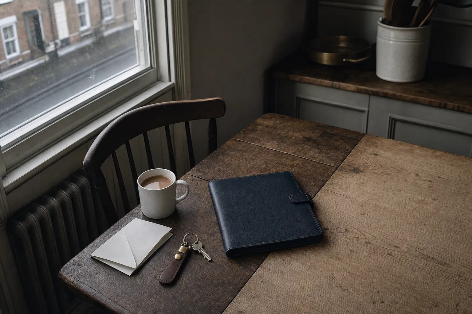 A folded letter, a mug of tea, house keys and a closed document wallet on a scrubbed pine kitchen table by a sash window