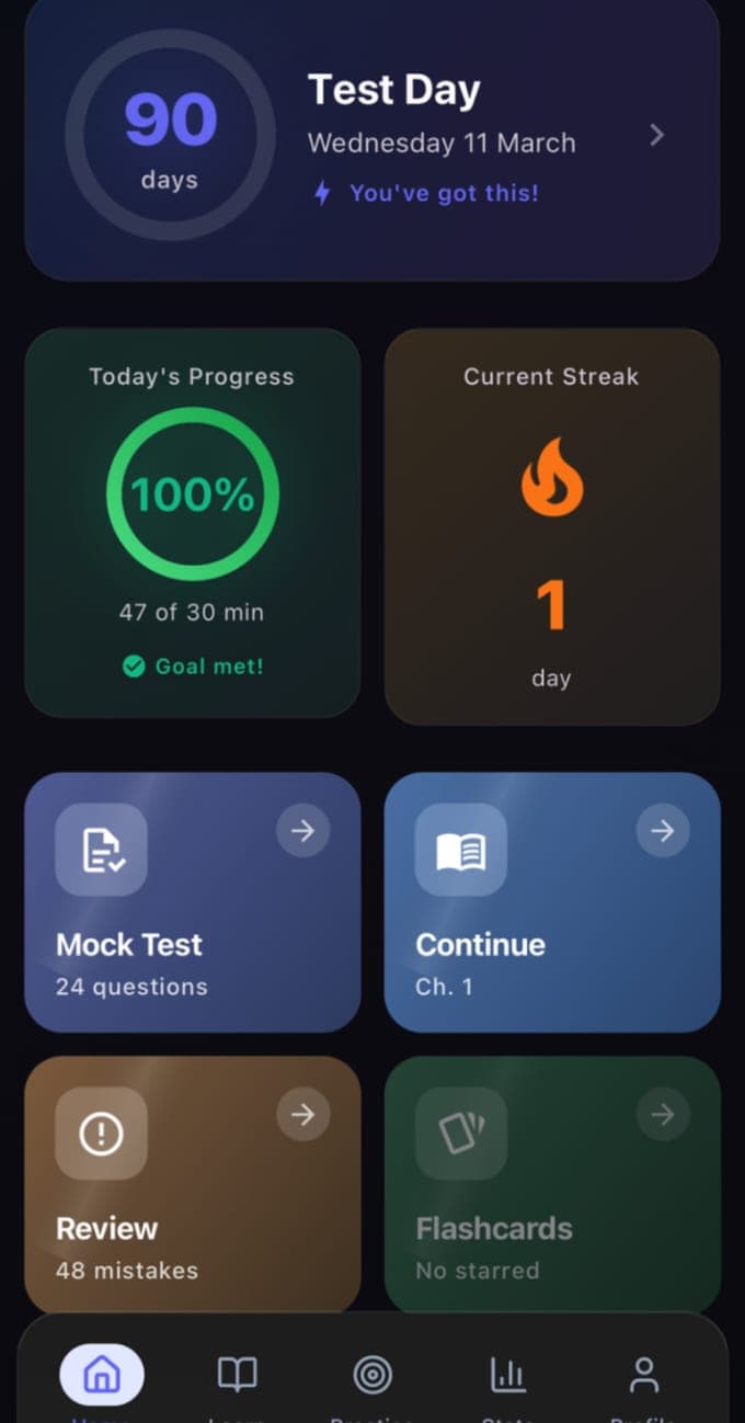 Life in the UK Test app home screen with a 90-day countdown to the test date, a daily goal met, a streak, and shortcuts to a 24-question mock test, the current chapter, 48 mistakes to review and flashcards