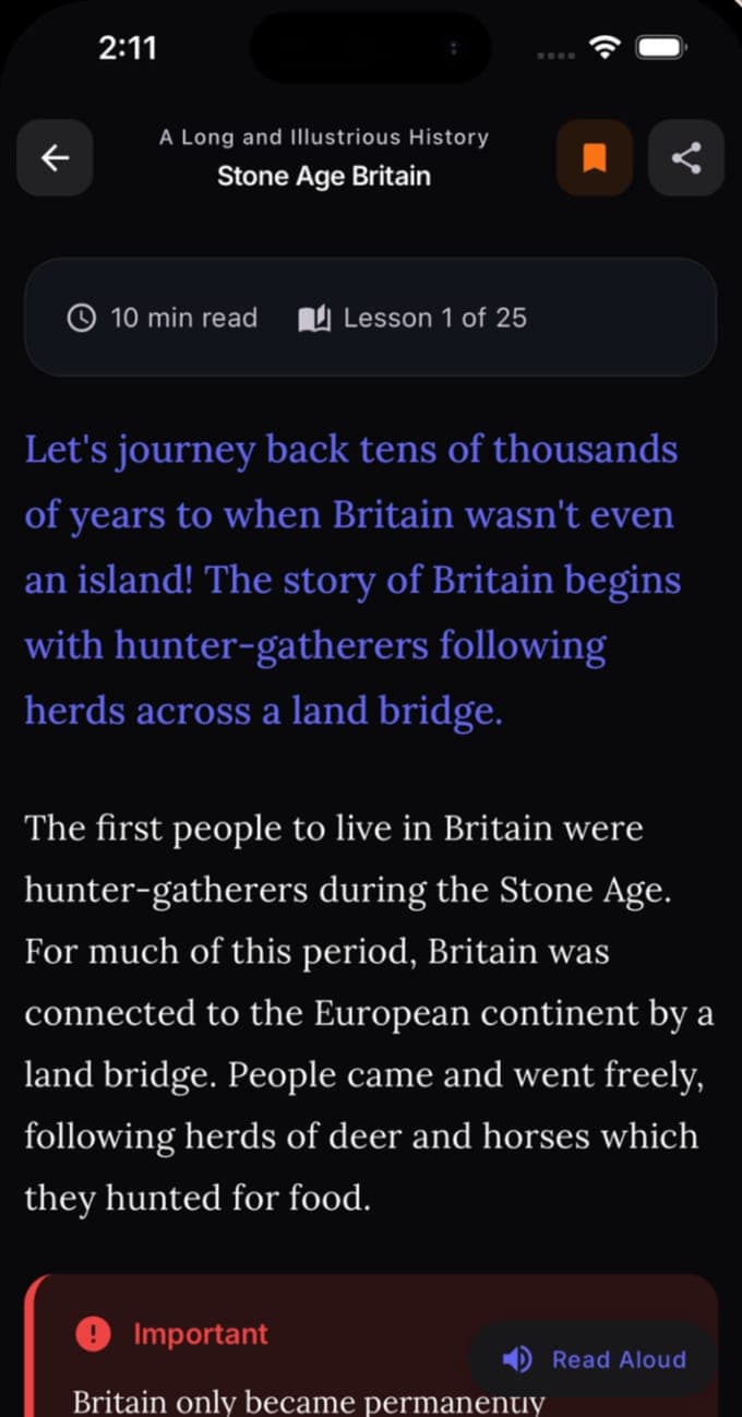 A Life in the UK lesson on Stone Age Britain, lesson 1 of 25 in the history chapter, with Read Aloud and a quiz