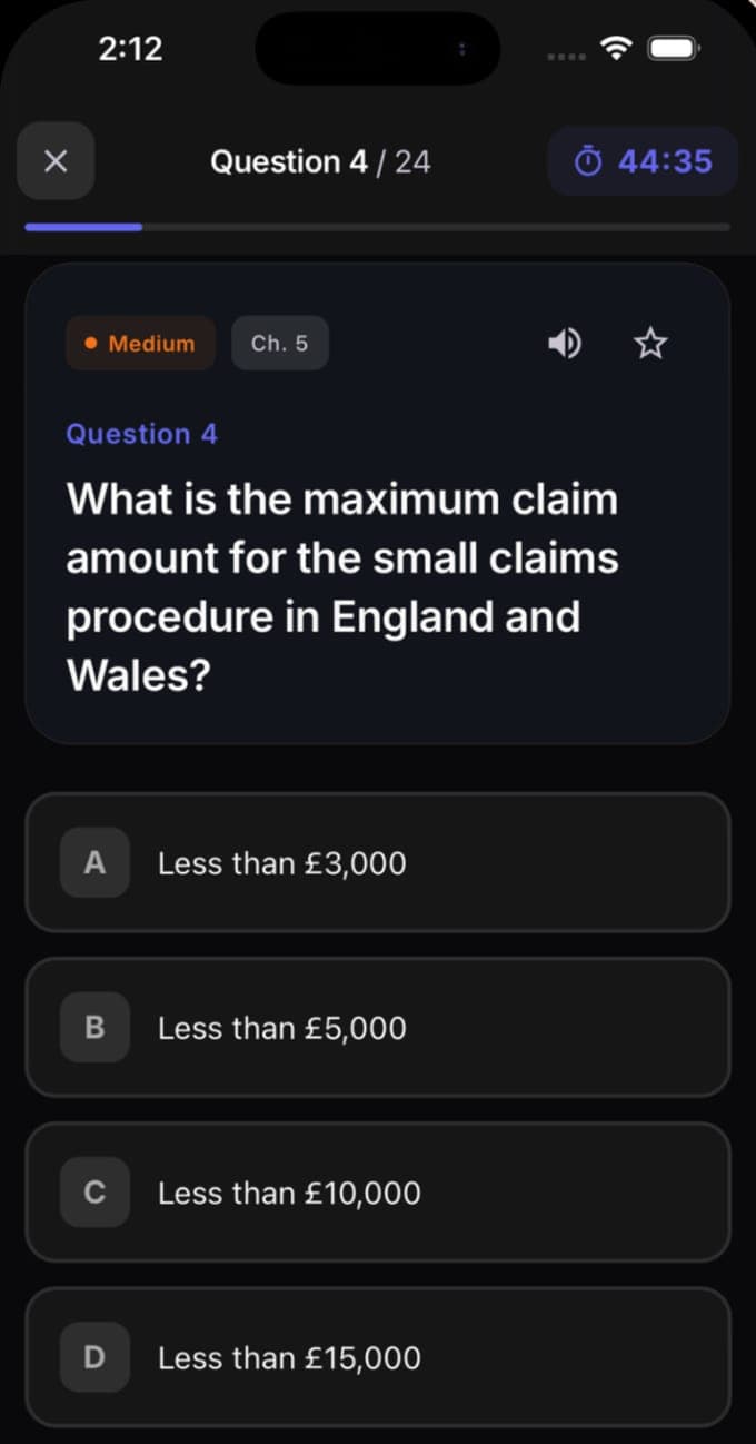 A mock test question, 4 of 24 with 44:35 on the clock, tagged Medium and Chapter 5, asking the small claims limit in England and Wales with four options