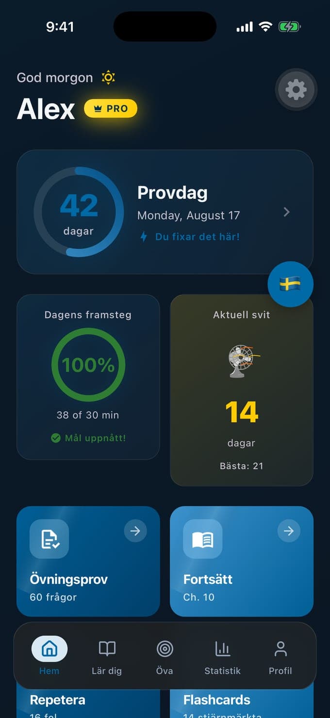Startsidan i Medborgarskapsprov: 42 dagar till provdagen den 17 augusti, dagens framsteg 100 % med 38 av 30 minuter, en svit på 14 dagar och knappar för ett övningsprov med 60 frågor och för att fortsätta kapitel 10