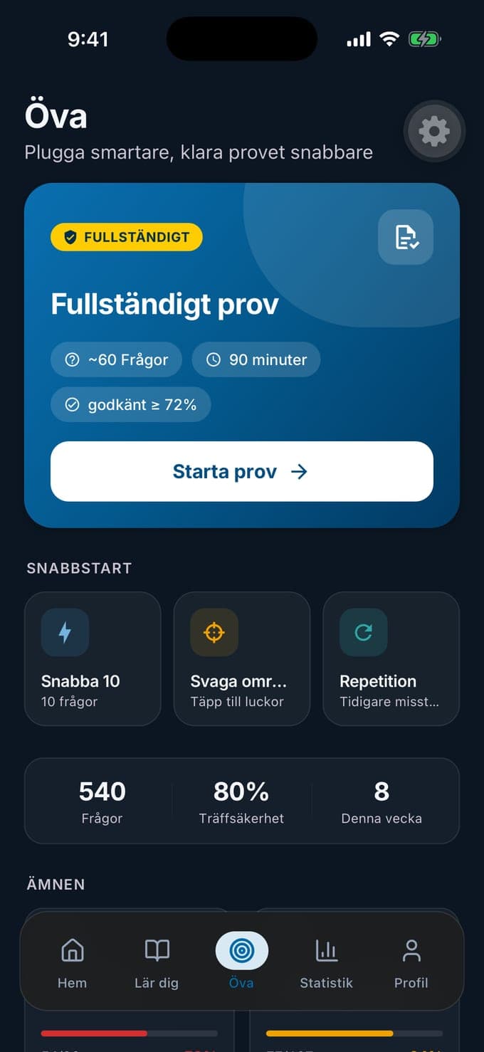 Öva-vyn i Medborgarskapsprov med kortet Fullständigt prov, Snabba 10, Svaga områden och Repetition