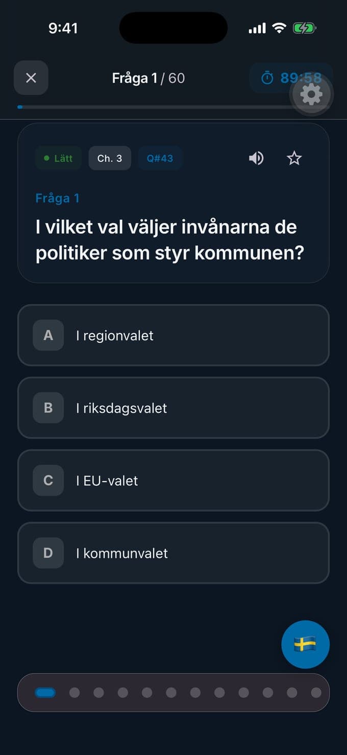 En fråga i ett tidsatt övningsprov i Medborgarskapsprov, fråga 1 av 60 med 89.58 på klockan: i vilket val invånarna väljer de politiker som styr kommunen, med fyra svarsalternativ och en flaggknapp för engelska