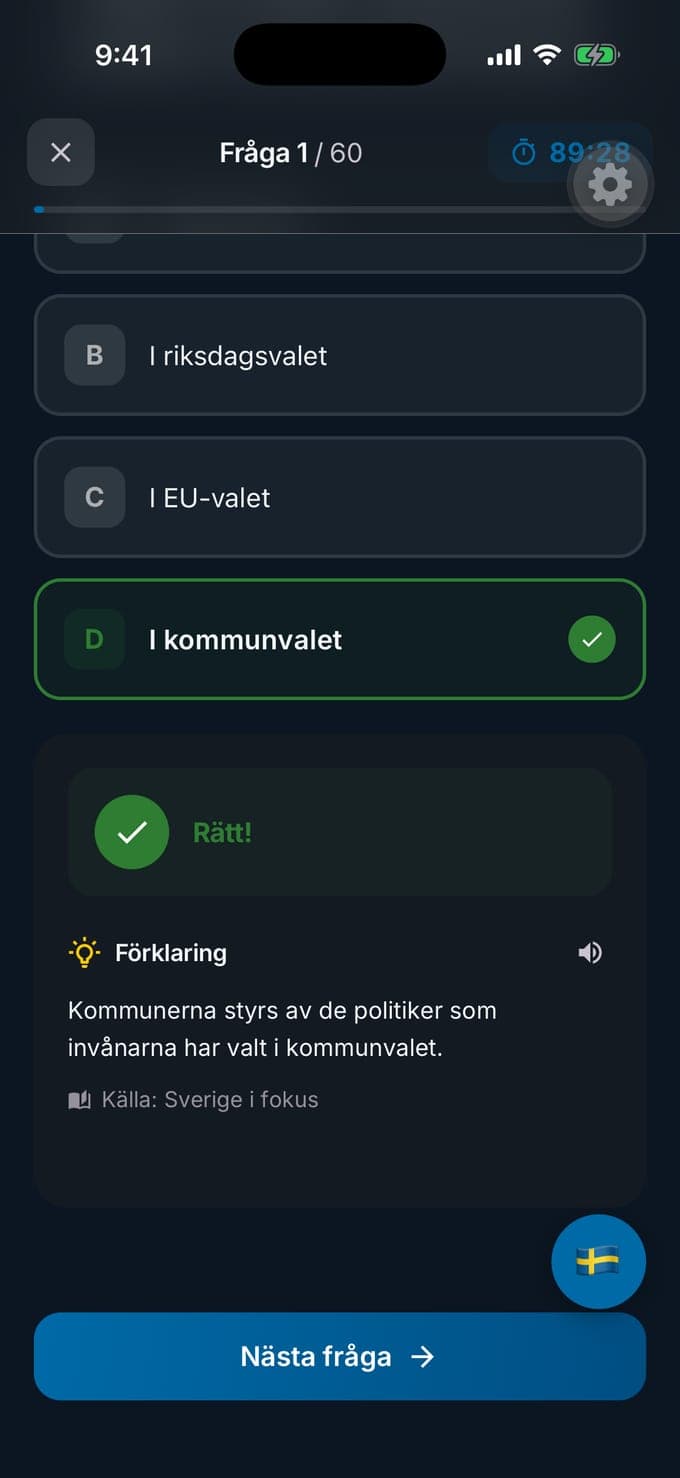En förklaring i Medborgarskapsprov efter ett rätt svar, med källan angiven som Sverige i fokus