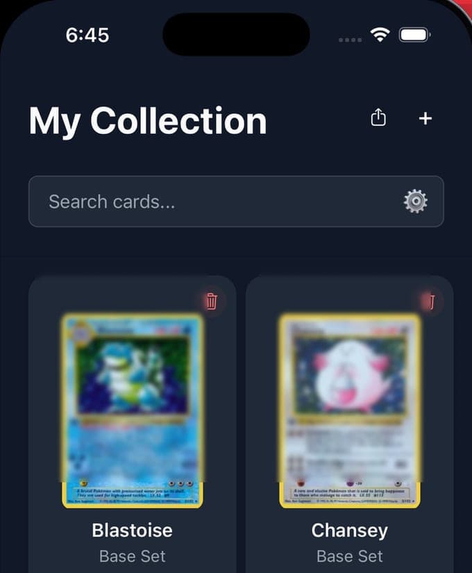 Der Sammlungsbildschirm von TCG Card Scanner: ein Raster eigener Base-Set-Karten mit Suchfeld und Scan-Knopf