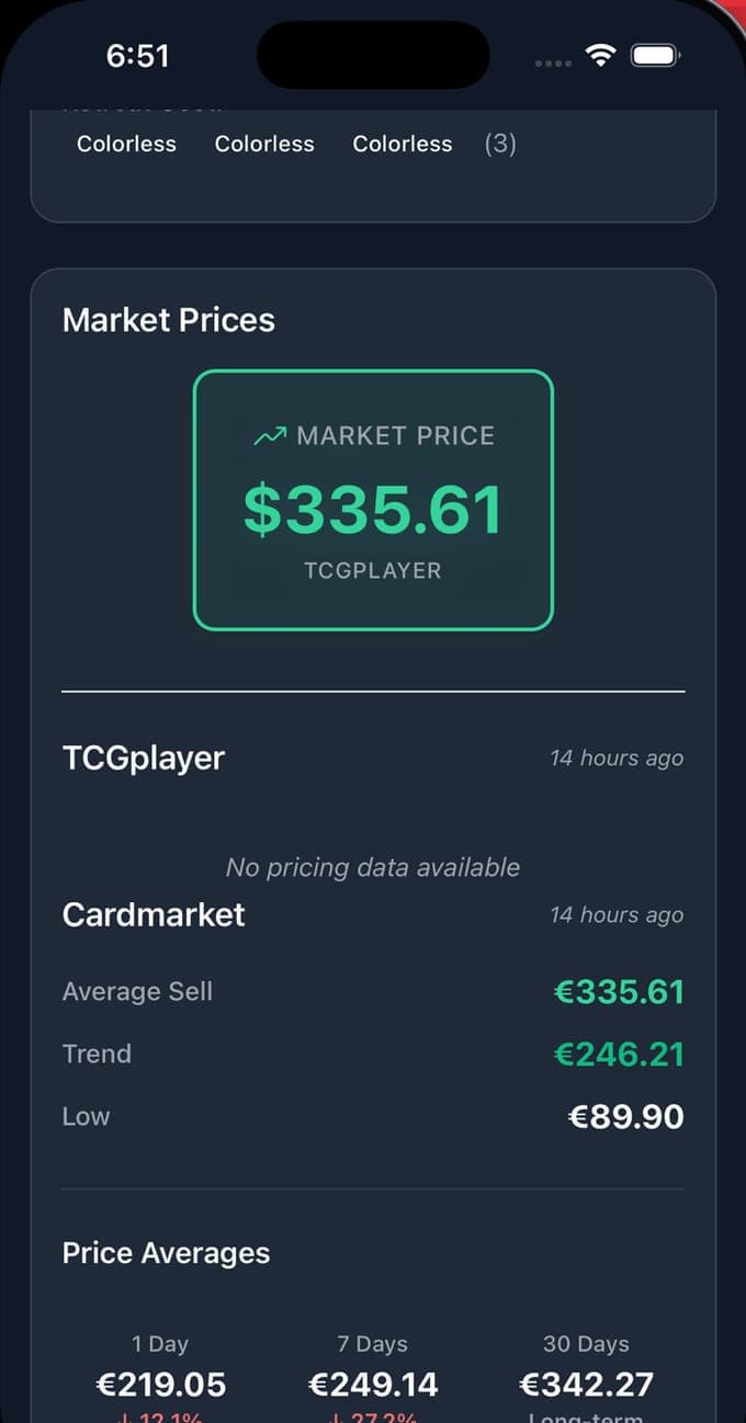 Die Marktpreis-Karte in TCG Card Scanner: ein TCGplayer Market Price von 335,61 $, die Zeilen TCGplayer und Cardmarket vor 14 Stunden aktualisiert, Cardmarket Average Sell 335,61 €, Trend 246,21 € und Low 89,90 €, sowie 1-, 7- und 30-Tage-Durchschnitte mit ihrer Veränderung