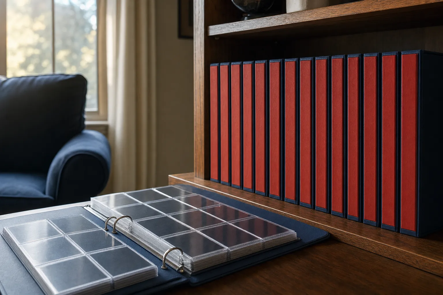 A row of card binders with red spines on a wooden shelf and one open in front showing pages of sleeved cards face down, in afternoon window light