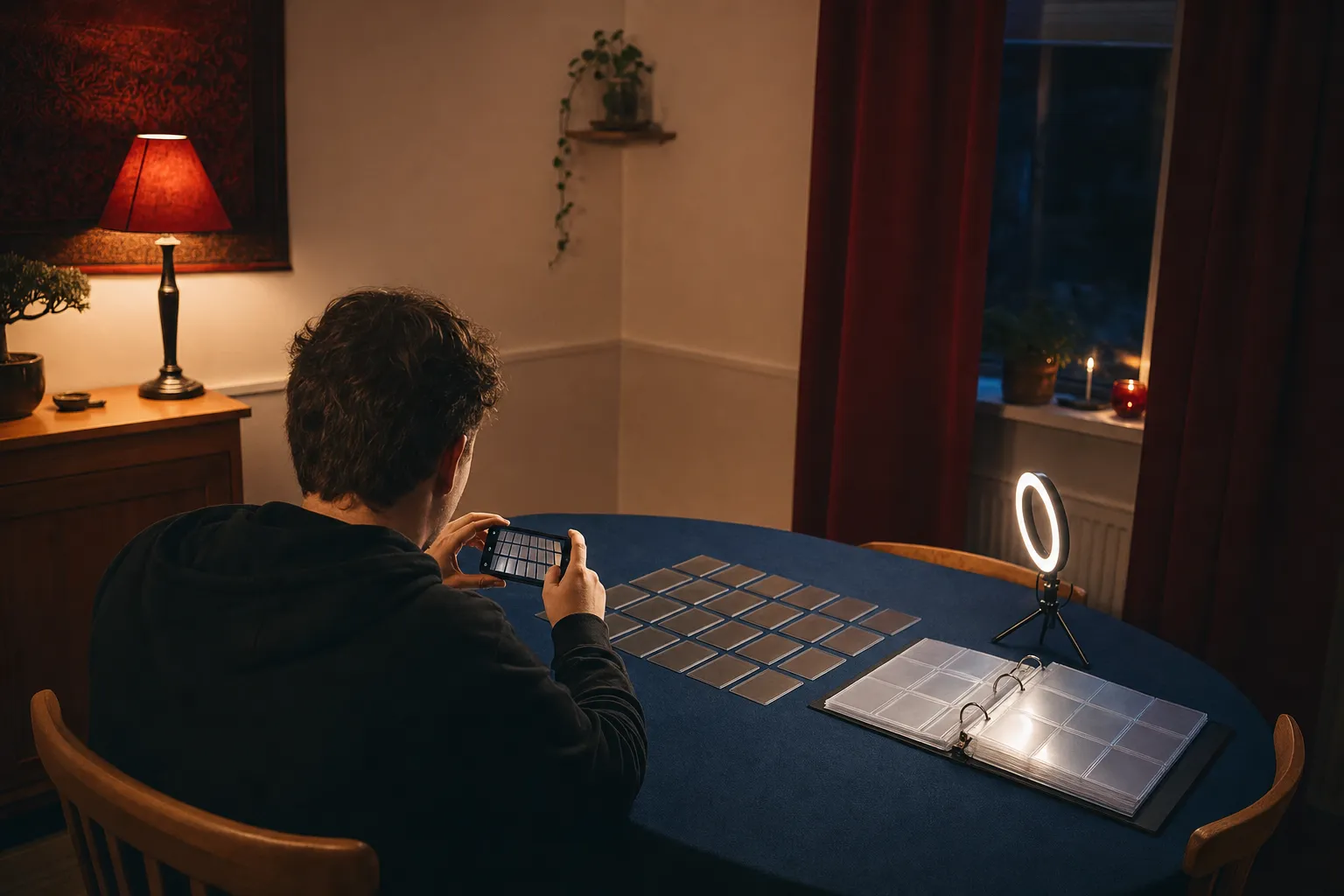A person seen from behind at a dining table in the evening, photographing a grid of face-down sleeved cards with a phone, beside an open empty binder and a small ring light