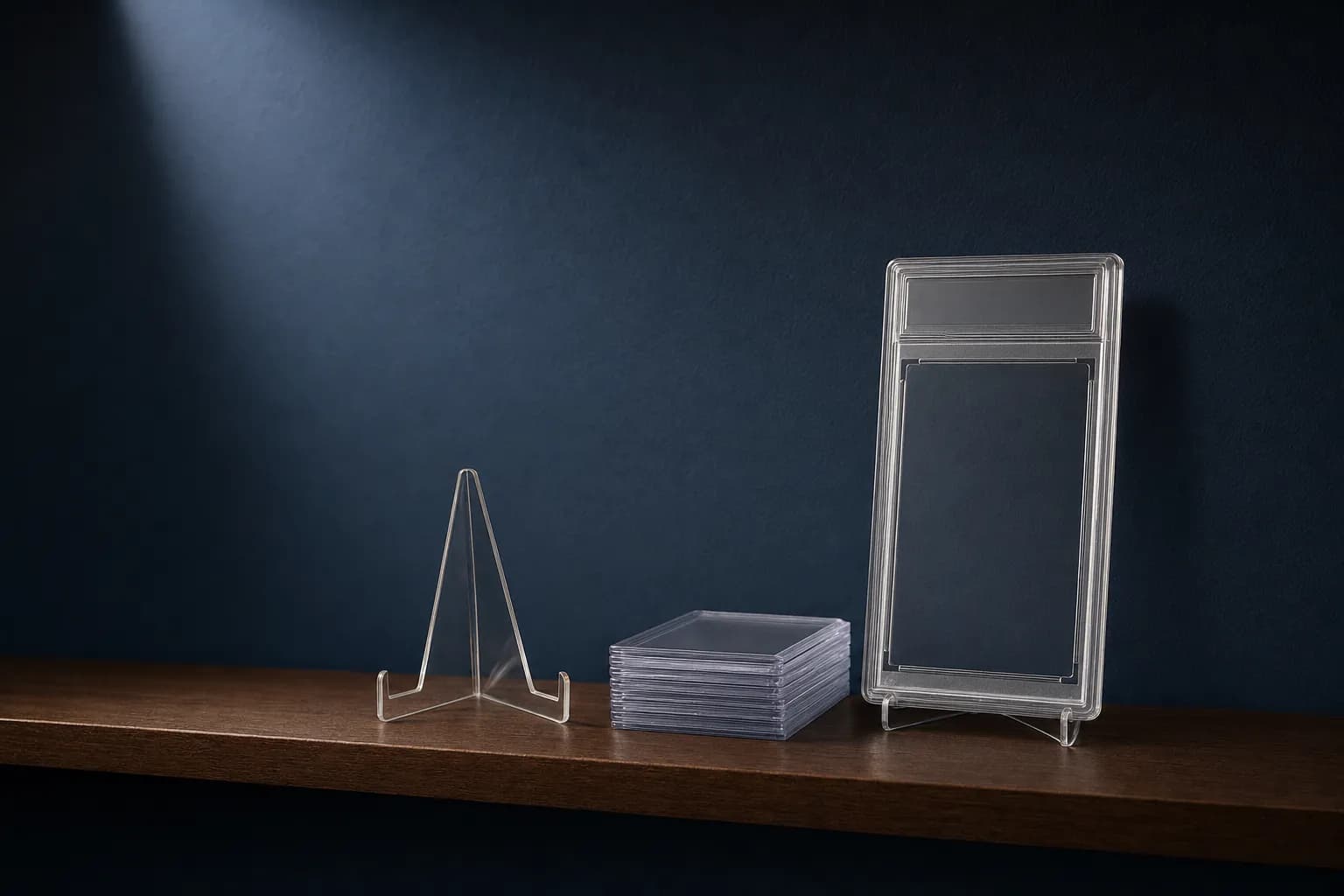 An empty clear grading slab on a wooden shelf beside a stack of top-loaders and a small stand, under a soft spotlight against a navy wall