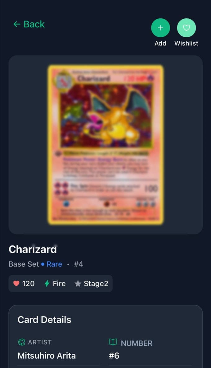 A card page in TCG Card Scanner after a scan: a Base Set Charizard, rare, number 4, 120 HP, Fire type, Stage 2, with the artist Mitsuhiro Arita and the card number under Card Details, and Add and Wishlist buttons