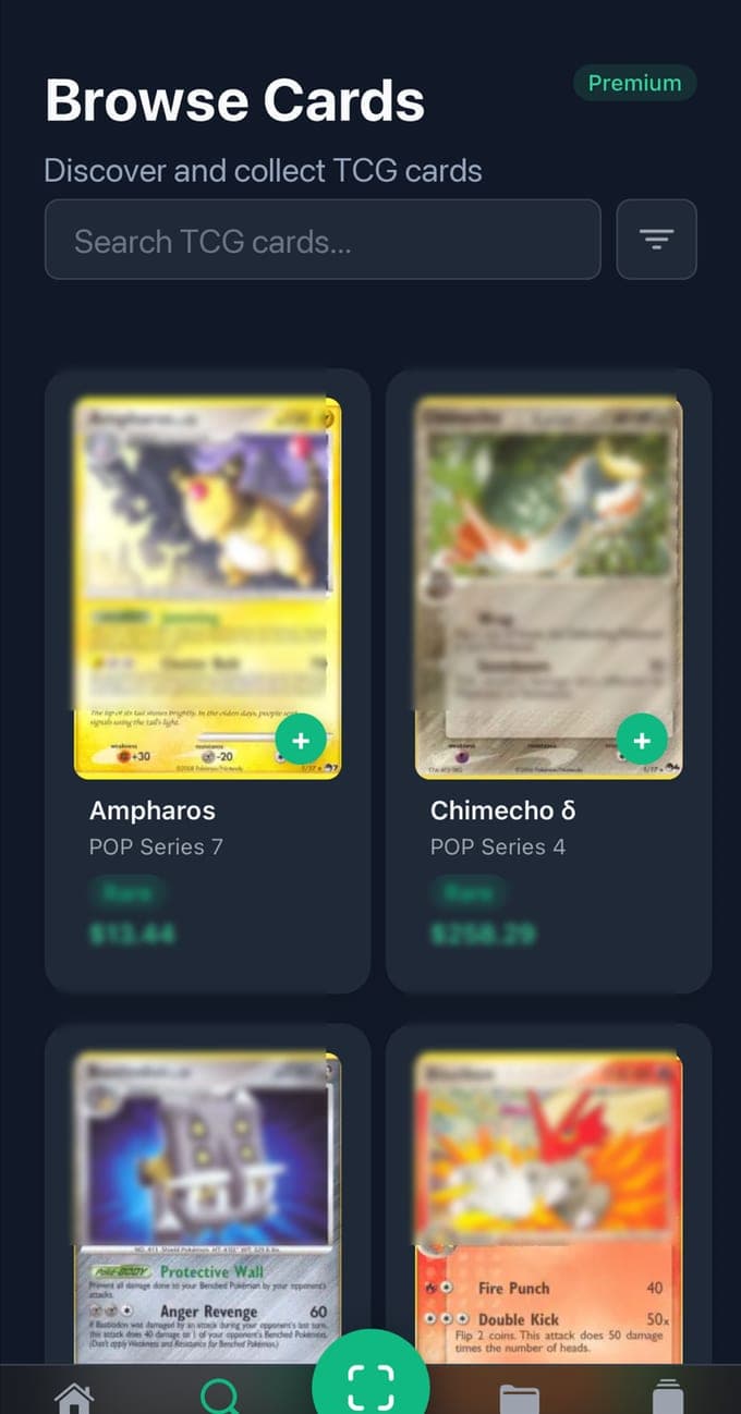 The Browse Cards screen of TCG Card Scanner with a Premium badge, a search field and a filter button, and a grid of cards from POP Series 7 and POP Series 4 marked Rare with their prices
