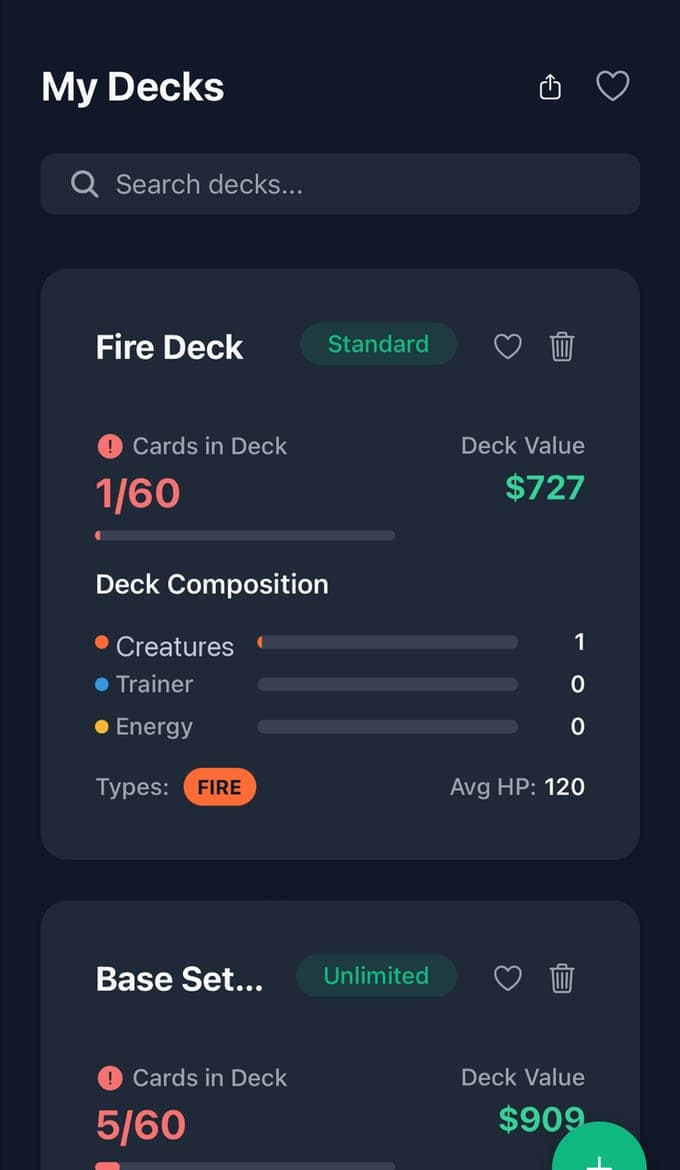 The My Decks screen of TCG Card Scanner: a Fire Deck in Standard with a deck value of $727 and a composition breakdown