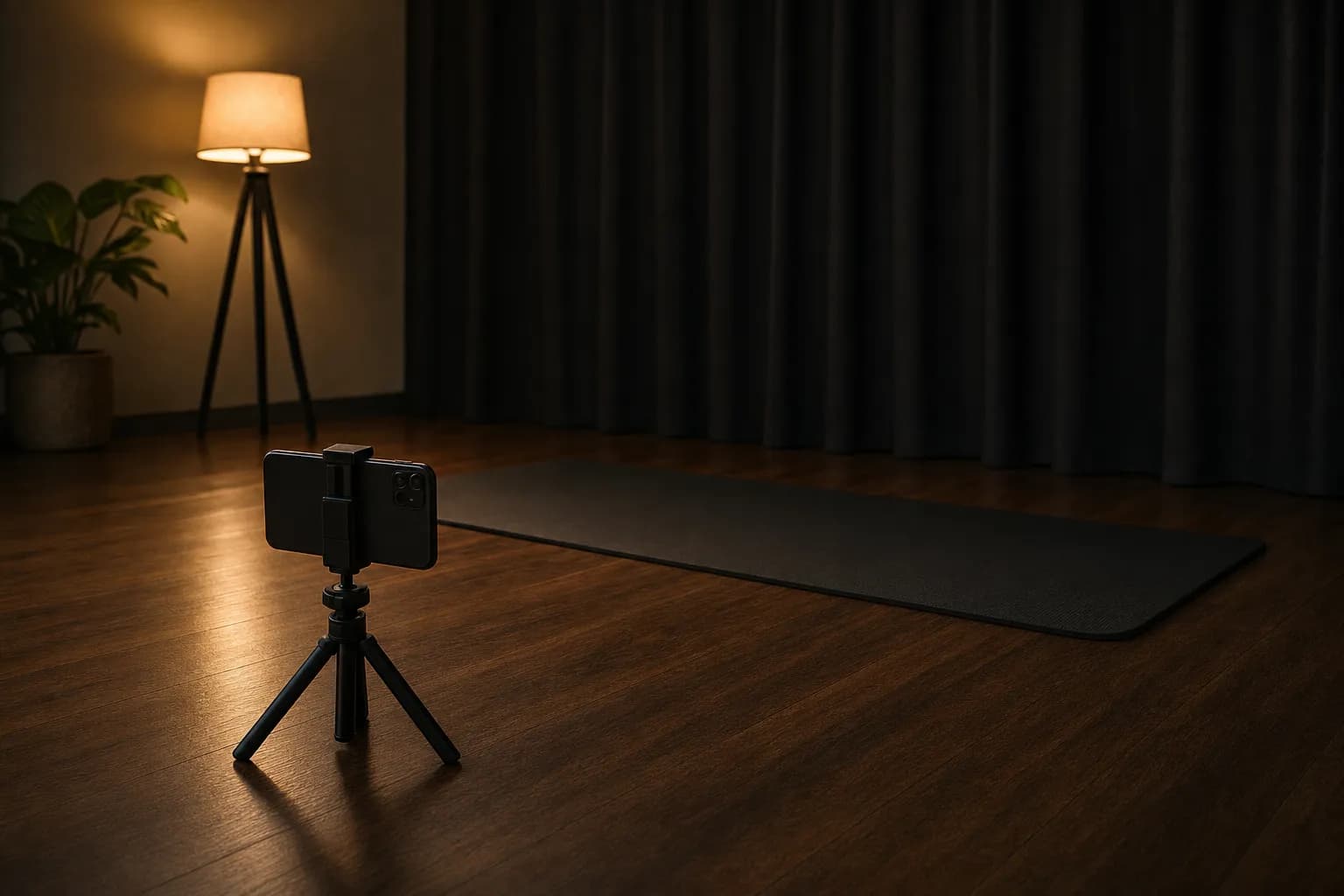 A smartphone on a small tripod on a dark wooden floor with its camera facing an empty black exercise mat, a black curtain behind and one warm lamp