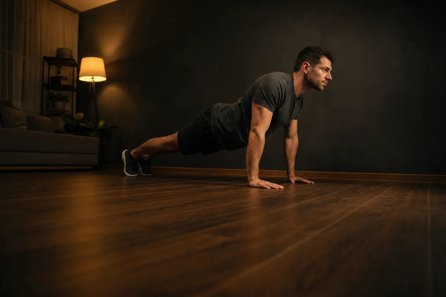 A man in a charcoal t-shirt at the top of a pushup on a dark hardwood floor, seen from the side in a dim living room lit by one warm floor lamp