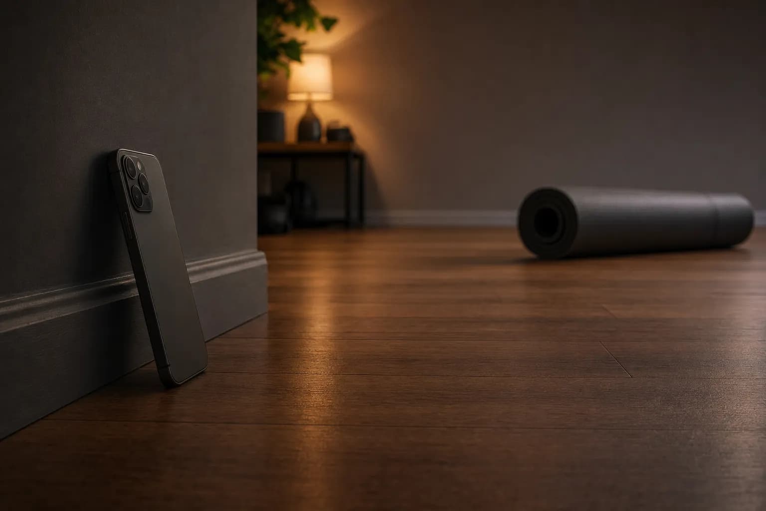 A smartphone leaning upright against the base of a dark wall on a wooden floor with its dark screen facing into the room, a rolled black exercise mat a couple of metres away in warm lamplight