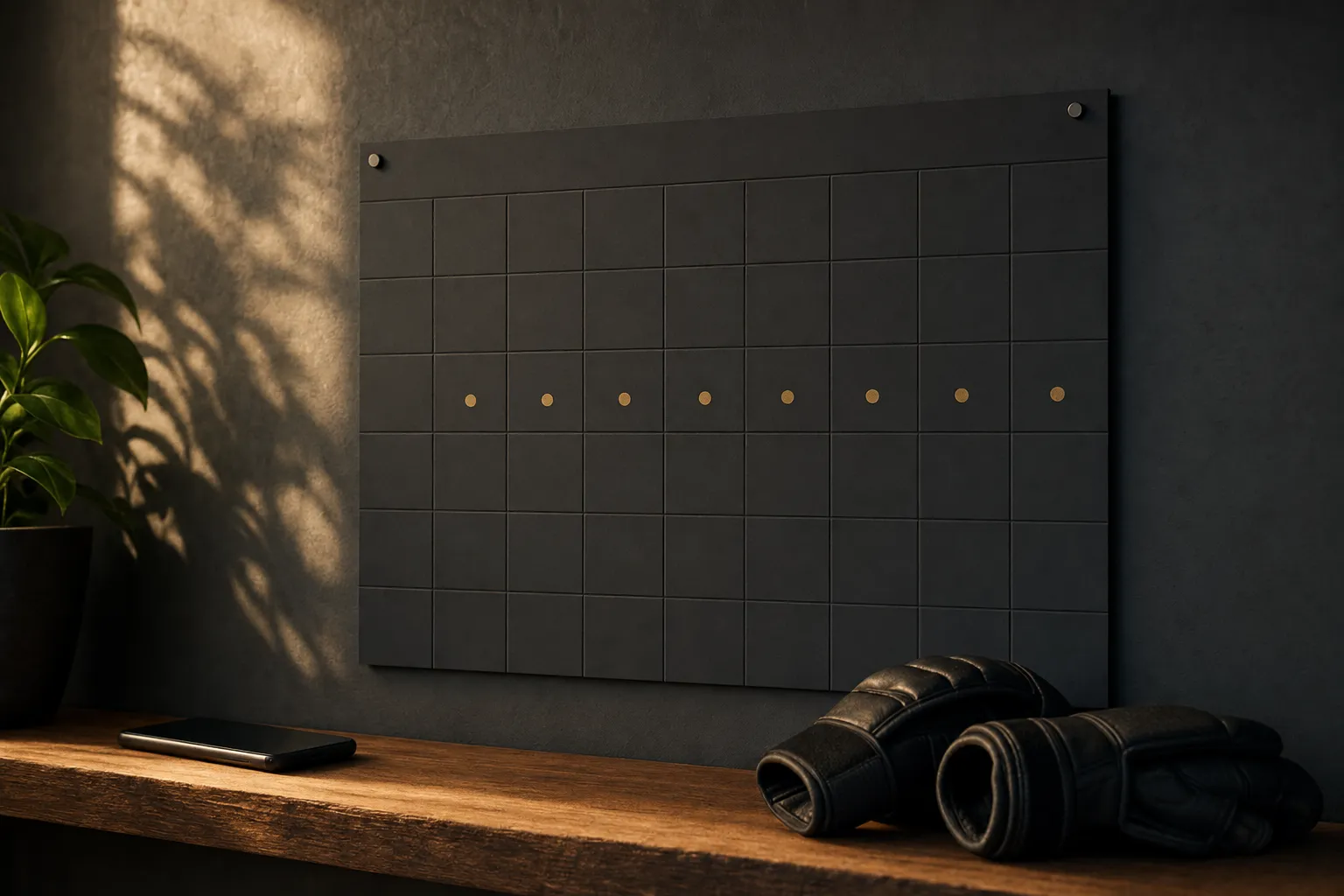 A wall calendar of plain dark squares with small gold dots on a run of consecutive days, above a wooden shelf holding a phone face down and a pair of black training gloves