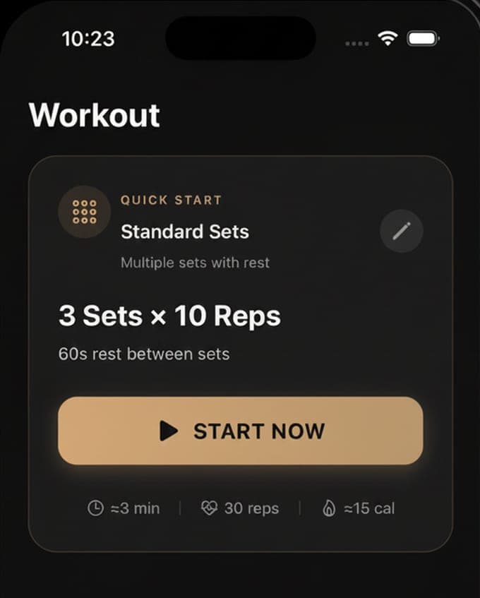 The Workout tab of Push Up Counter with the Standard Sets quick start of 3 sets of 10 and a Start Now button