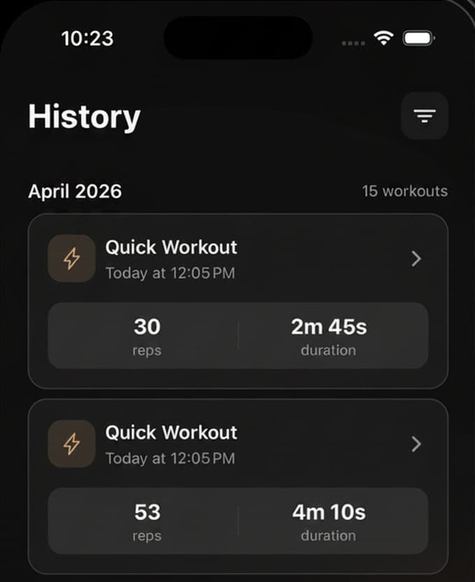 The History tab of Push Up Counter listing April's workouts with reps and durations
