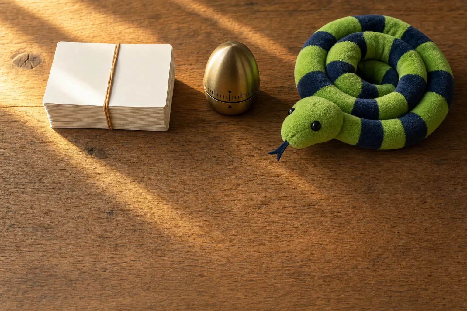 A wooden desk from above with a rubber-banded stack of blank index cards, a brass kitchen timer and a coiled green plush snake with navy stripes in low afternoon light