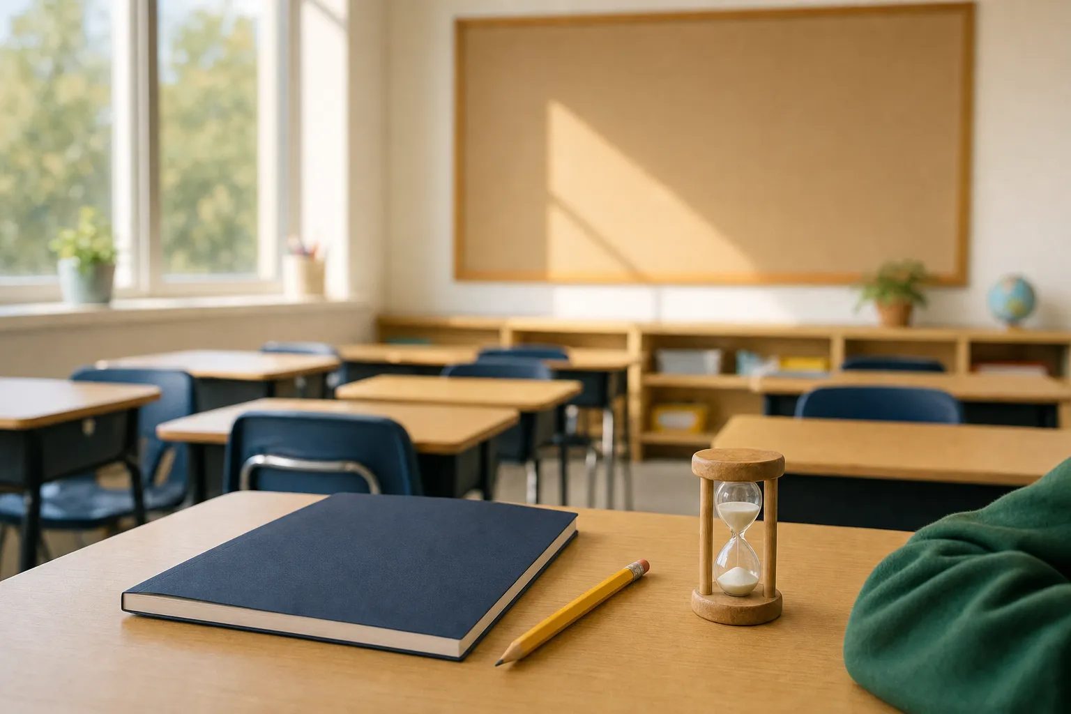 A primary classroom seen from a child's desk: a closed navy exercise book, a yellow pencil and a small wooden hourglass, with empty desks and a bright window behind