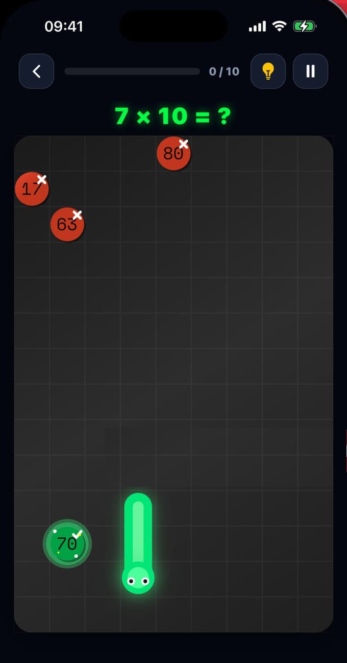 The game screen of Multiplication: Times Tables: the question 7 × 10 = ? above a dark grid, a green snake, red bubbles reading 80, 17, 63 and 70, a progress bar at 0 / 10, a hint bulb and a pause button
