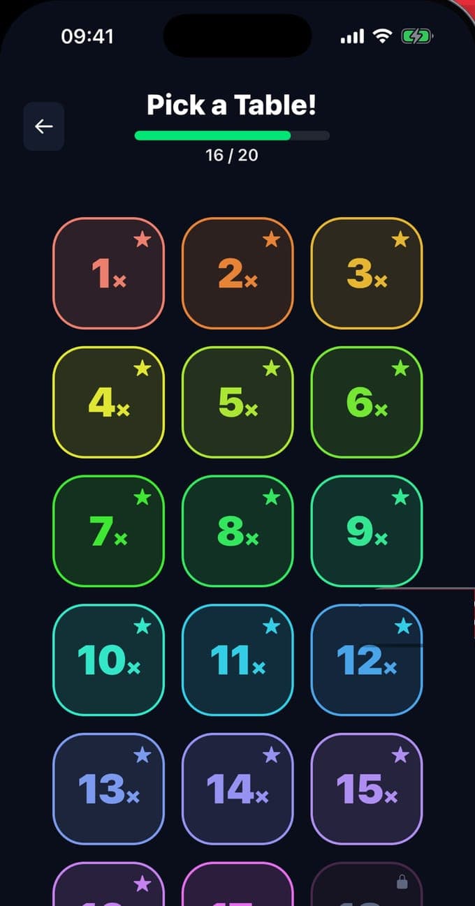 The Pick a Table! grid in Multiplication: Times Tables with 16 of 20 tables mastered