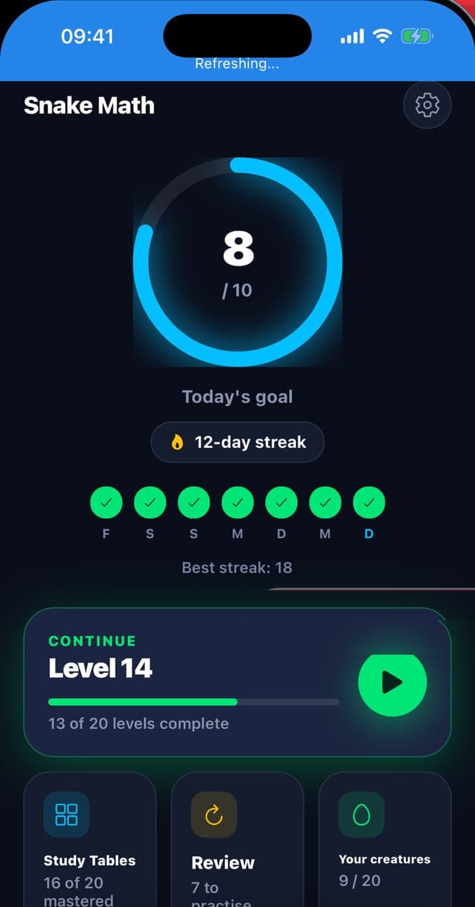 The home screen of Multiplication: Times Tables: a ring at 8 of 10 for today's goal, a 12-day streak, seven weekday ticks, Best streak: 18, a Continue card for Level 14 with 13 of 20 levels complete, and tiles for Study Tables (16 of 20 mastered), Review (7 to practise) and Your creatures (9 / 20)