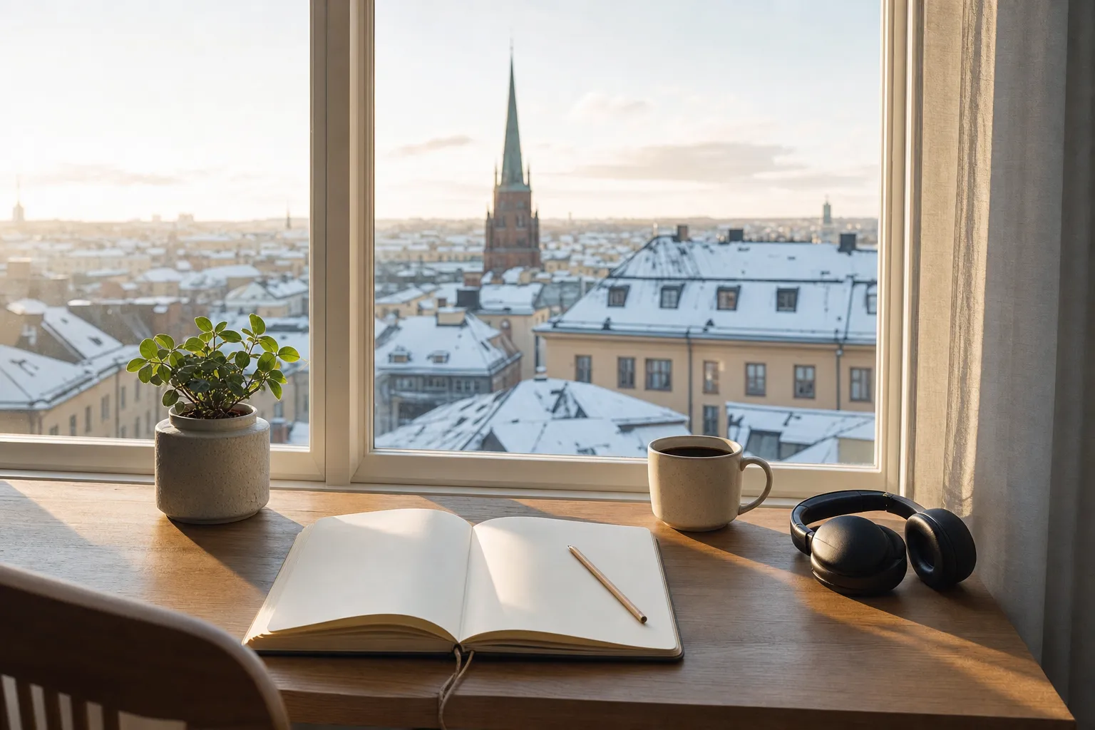A study desk by a window in a Swedish apartment with an open blank notebook, a pencil, a mug, headphones and a plant, snowy rooftops and a church spire outside