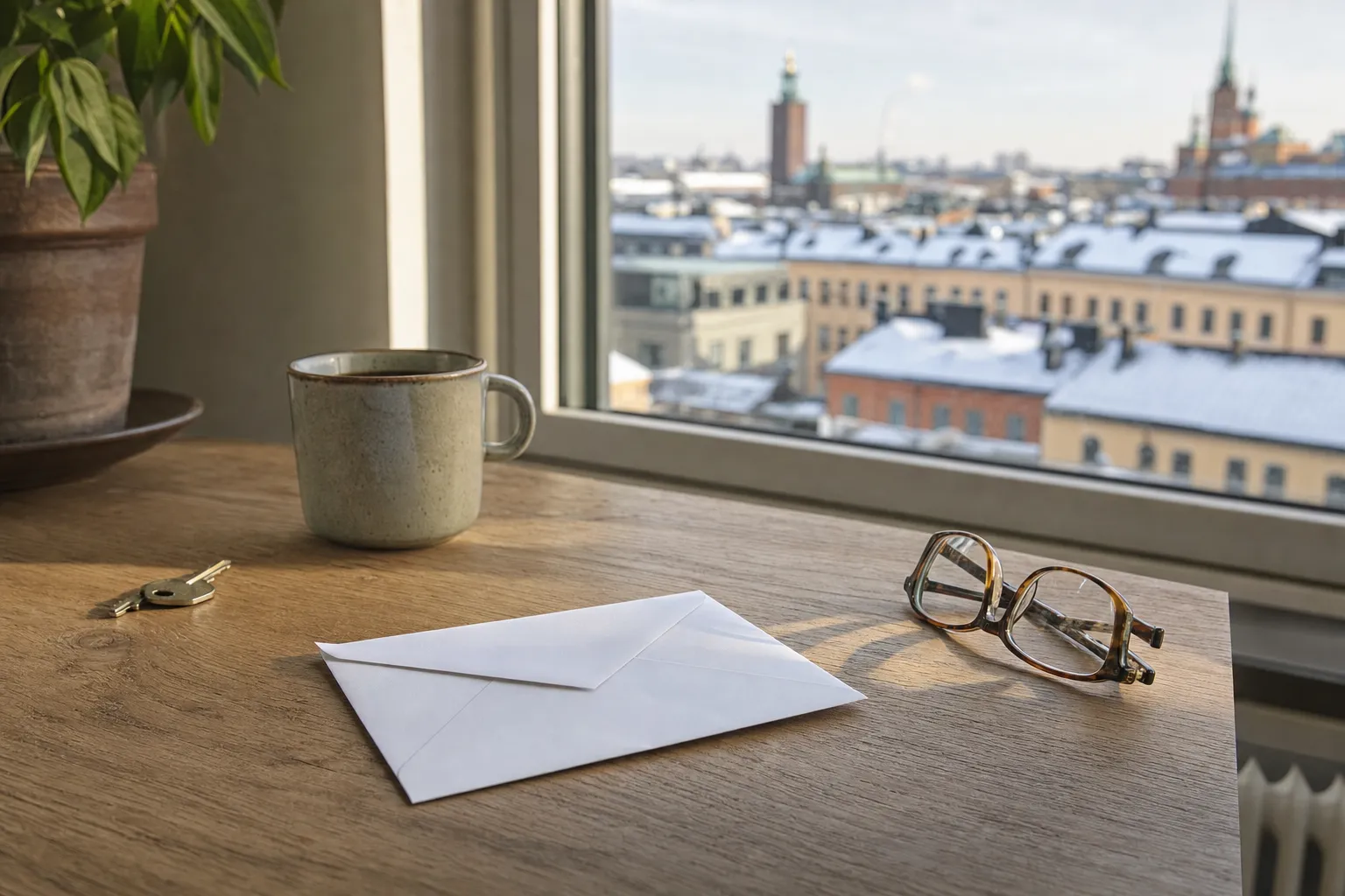 A sealed white envelope on an oak table beside reading glasses, a coffee cup and a key, with snowy Stockholm rooftops through the window