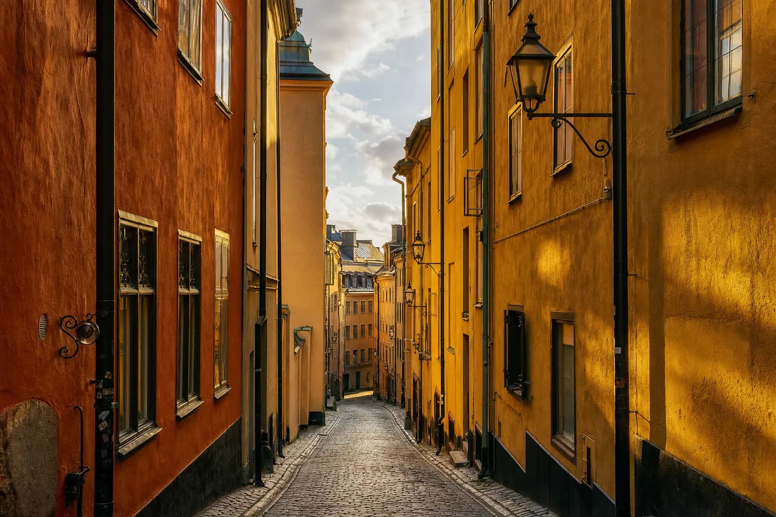 A narrow cobbled lane in Stockholm's Gamla stan with ochre and rust facades and iron lanterns in low autumn sunlight
